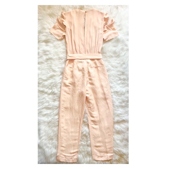 NEW MAJE Piruize Ruffled Cold Shoulder Crepe Linen Blend Jumpsuit in Peachy Nude - Picture 5 of 9
